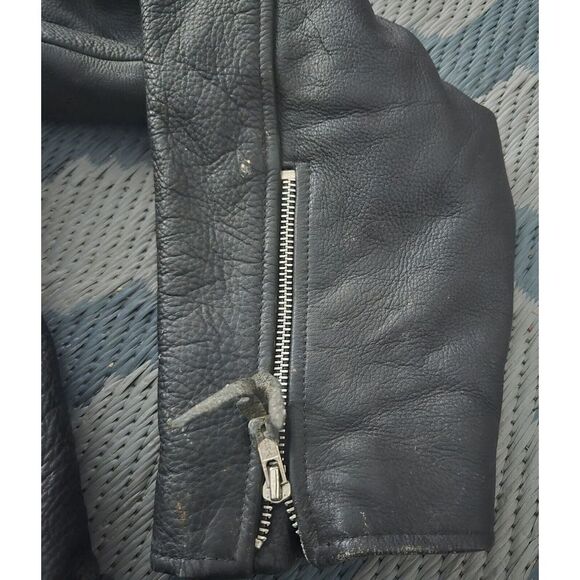 Men's Vintage Wilsons Zip-Up Black Leather Biker PUNK Jacket XL Cartoon Patches - Picture 16 of 16